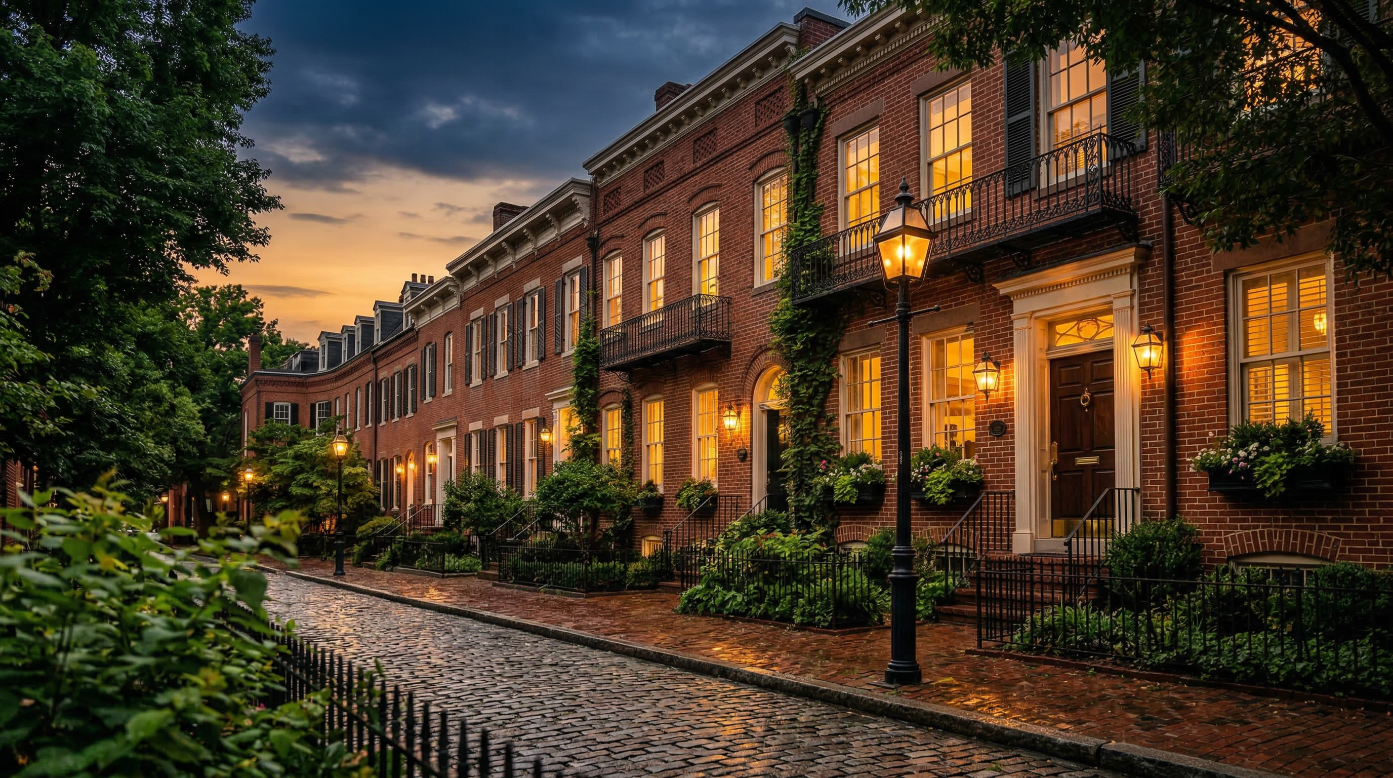 Luxury townhouses in Georgetown, Washington DC at twilight